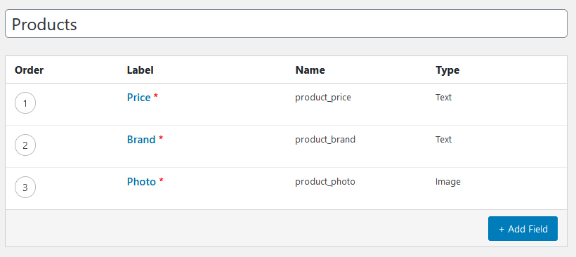 Table showing custom fields data with order, label, name and type