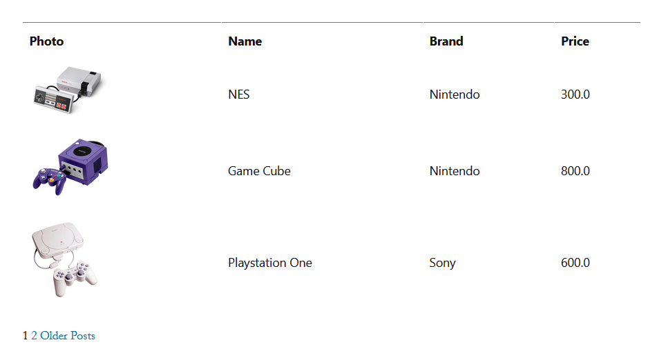 Table of products showing four registers with photo, name, brand and price